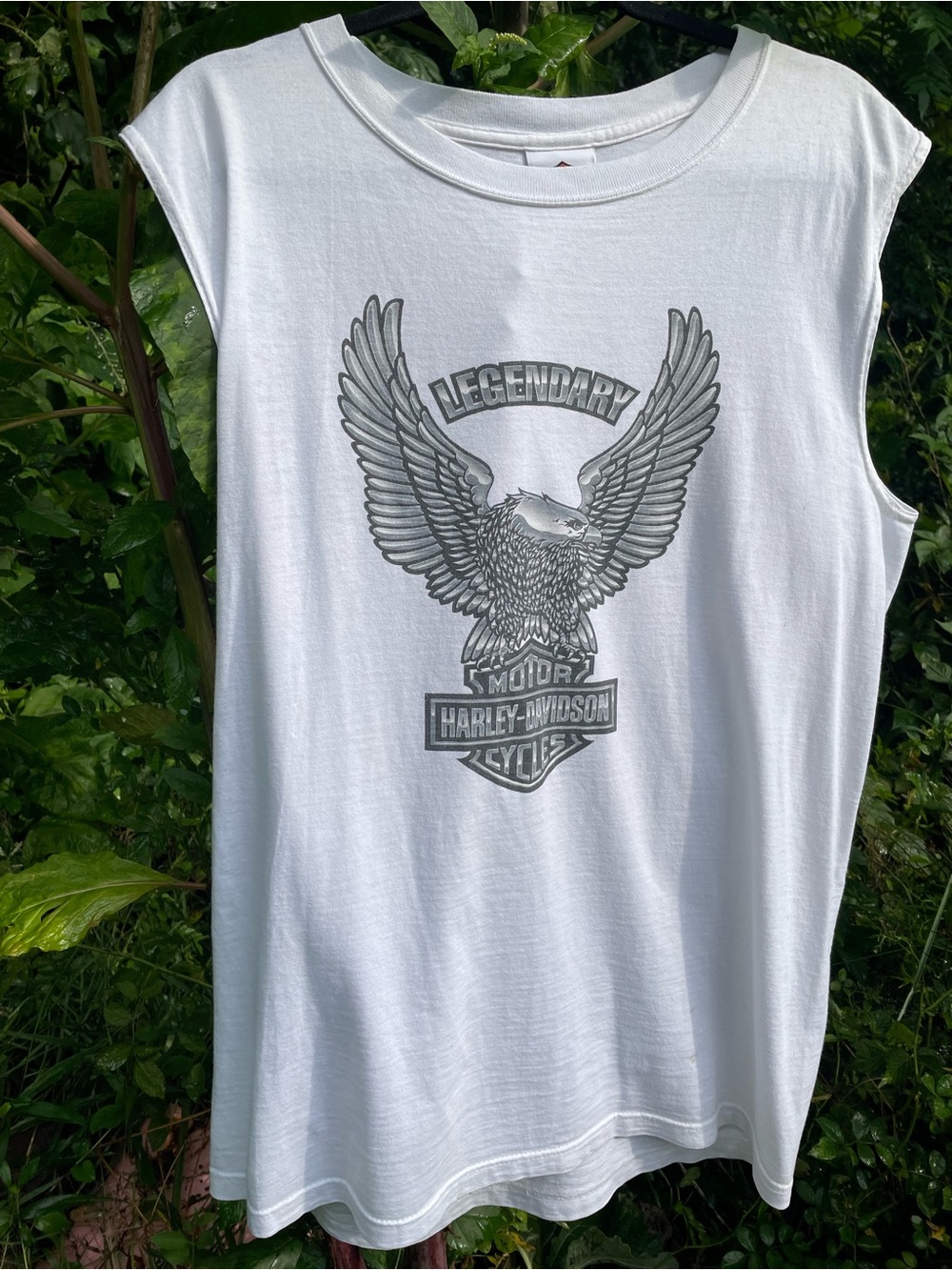 VTG Harley Davidson Legendary Eagle Sleeveless T-Shirt White Biker Crop Gorp USA